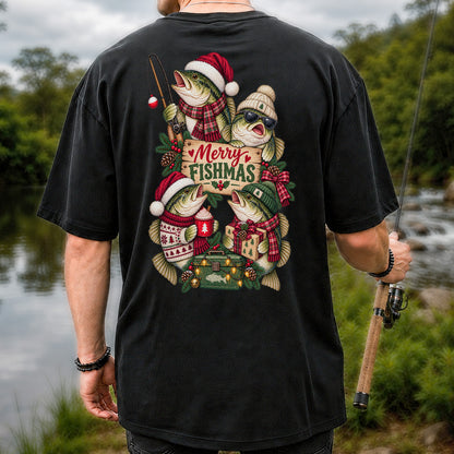 Merry Fishmas Bass Christmas Fishing Graphic T-Shirt | Back Print