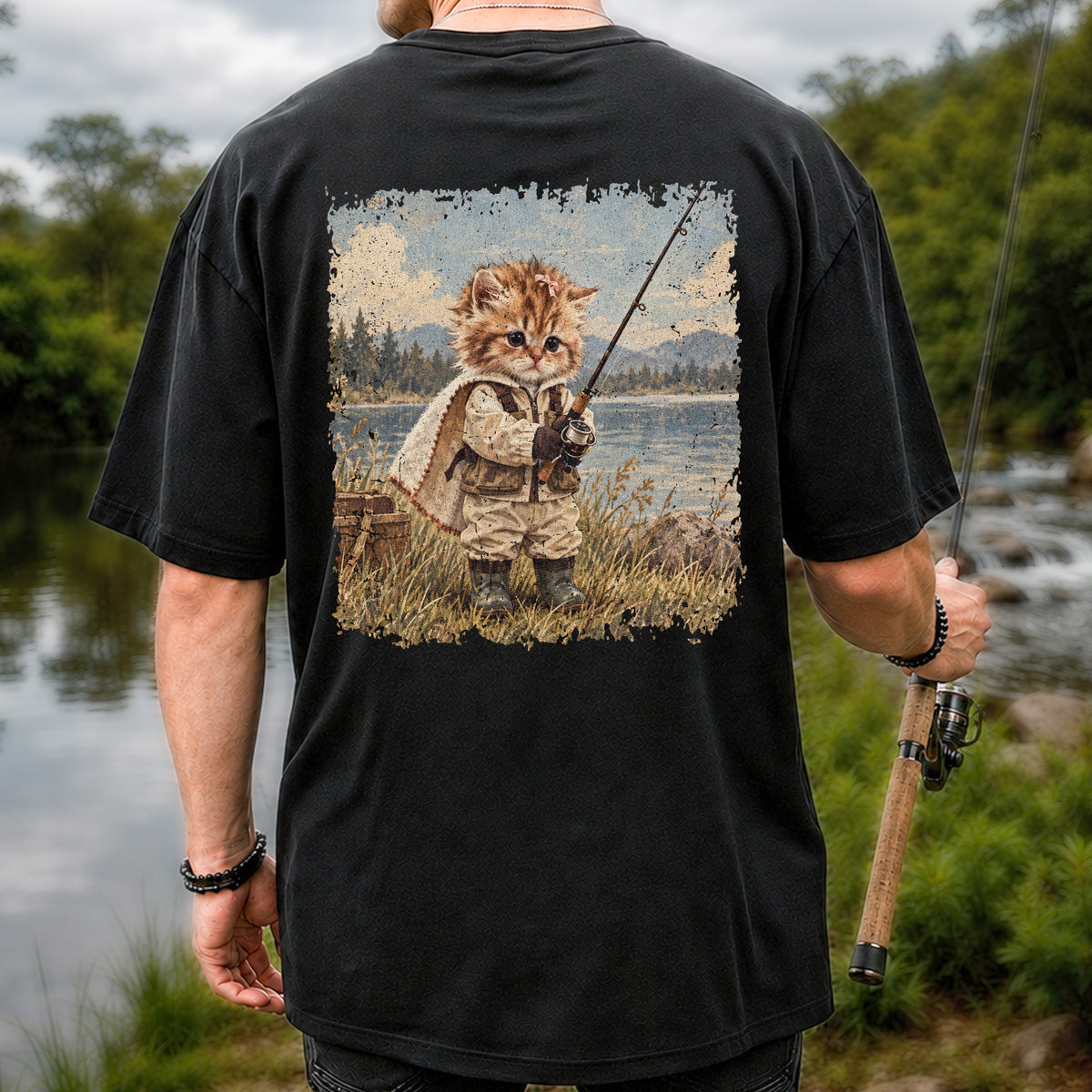 Vintage Kitten Fishing by the Lake Cute Cat Graphic T-Shirt | Back Print