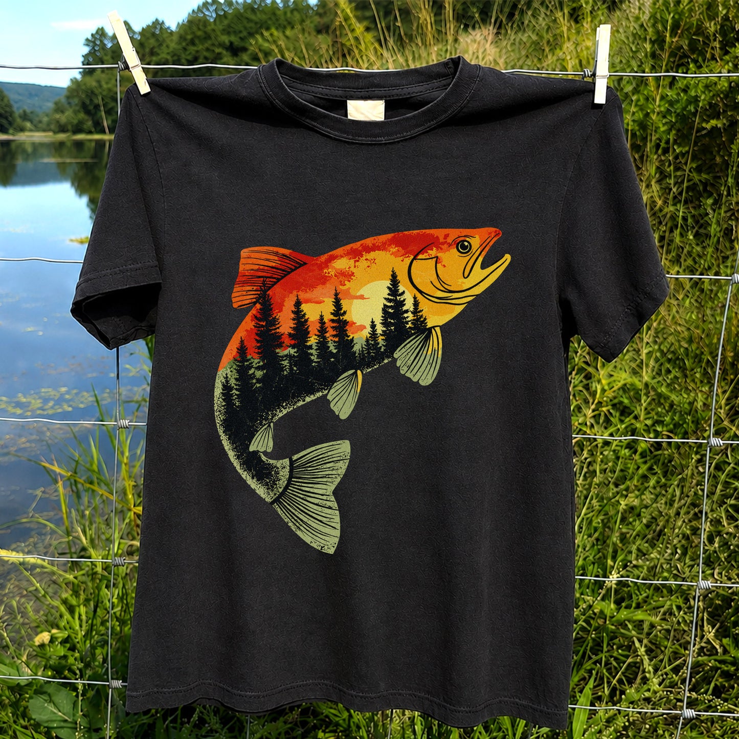 Sunset Forest Trout Fishing Graphic T-Shirt