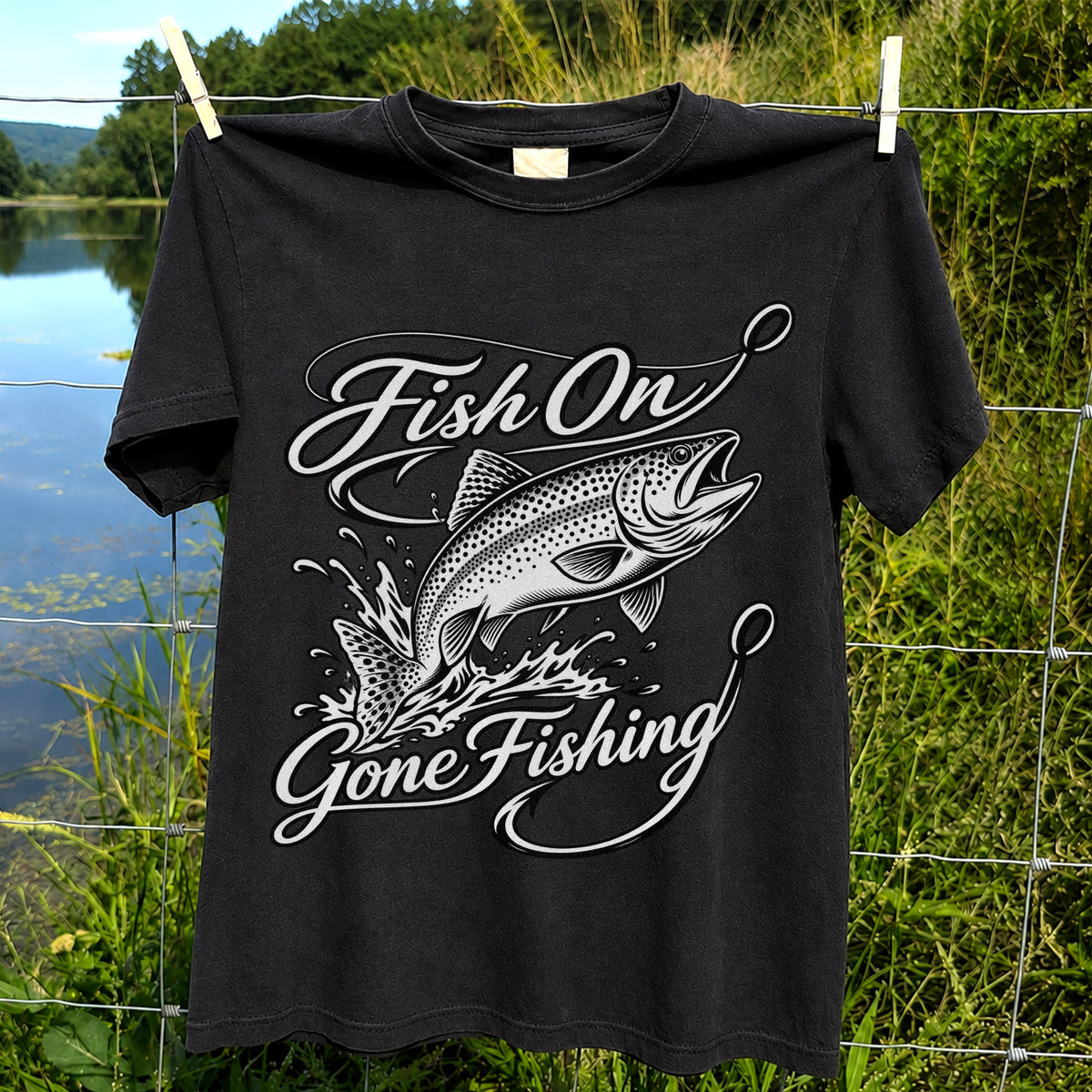 Fish On Gone Fishing Jumping Trout Graphic T-Shirt