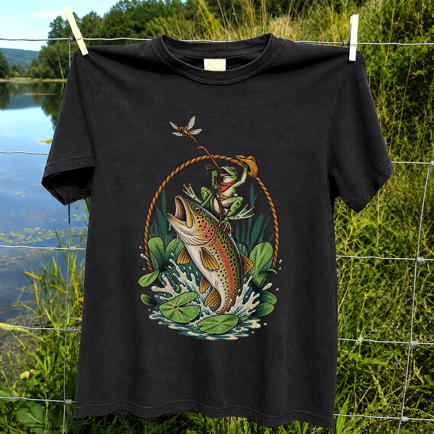 Frog Riding a Rainbow Trout Fishing Graphic T-Shirt