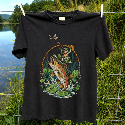 Frog Riding a Rainbow Trout Fishing Graphic T-Shirt