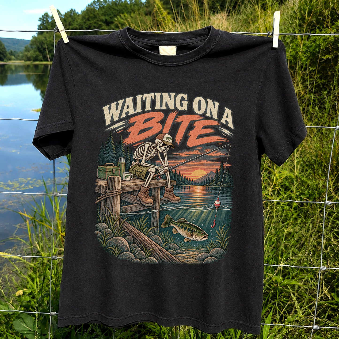 Waiting on a Bite Skeleton Bass Fishing Graphic T-Shirt