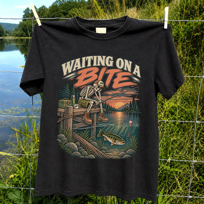 Waiting on a Bite Skeleton Bass Fishing Graphic T-Shirt
