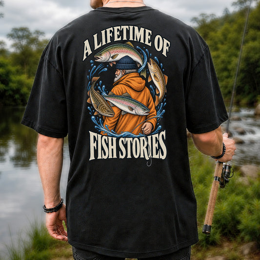 A Lifetime of Fish Stories Angler and Trout Fishing Graphic T-Shirt | Back Print