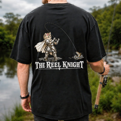 The Reel Knight Cat in Armor Funny Fishing Graphic T-Shirt | Back Print