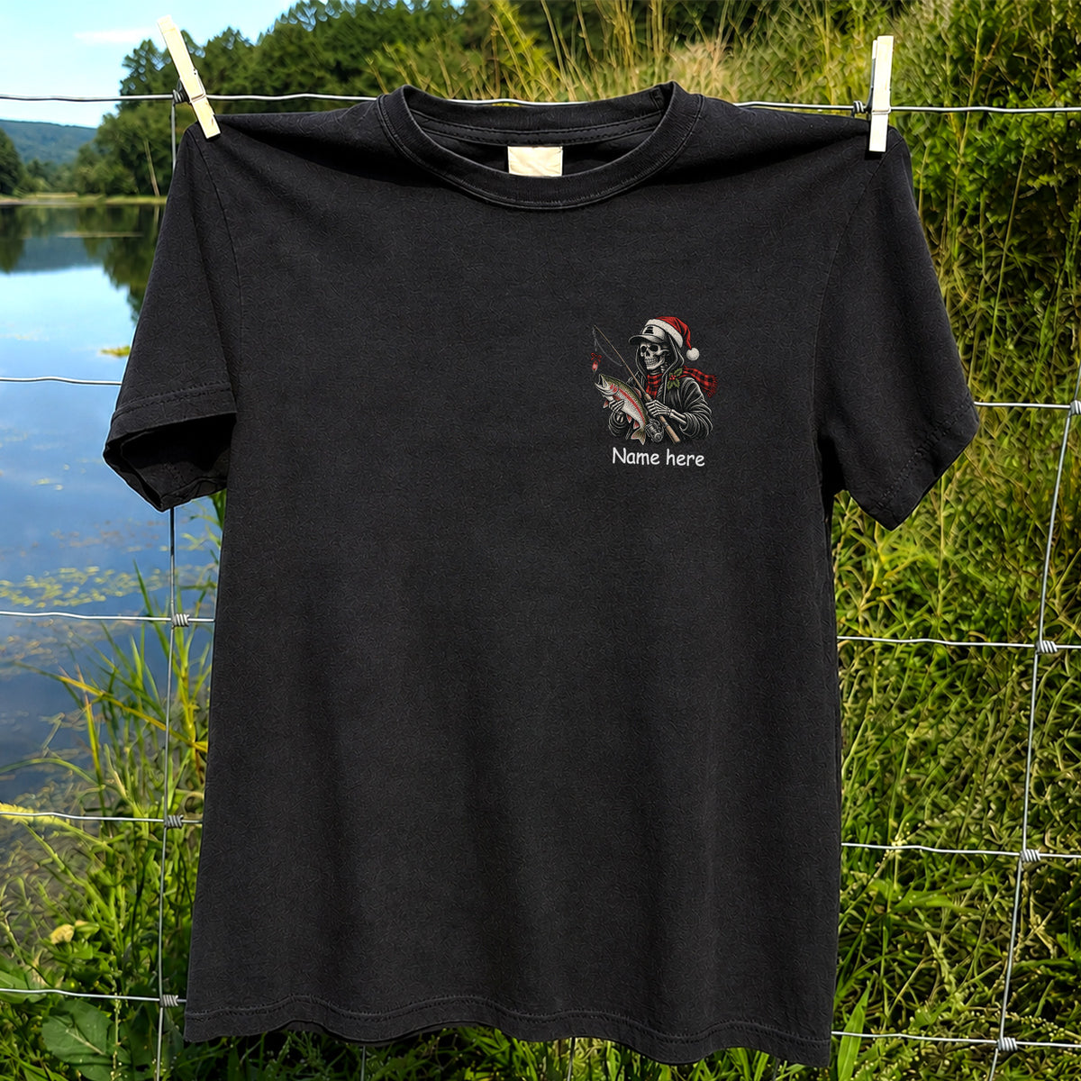 Name Here Personalized Christmas Skeleton Trout Fishing T-Shirt