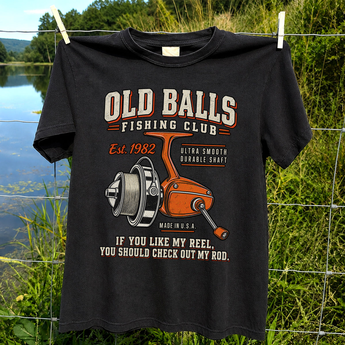 Old Balls Fishing Club Vintage Spinning Reel Graphic T-Shirt