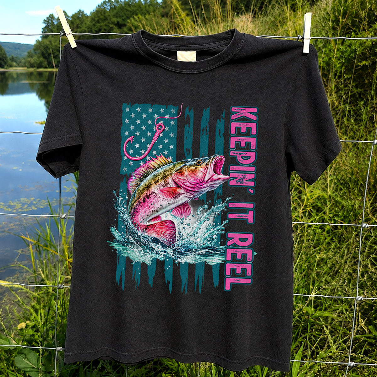 Keepin' It Reel Bass Fishing American Flag Graphic T-Shirt
