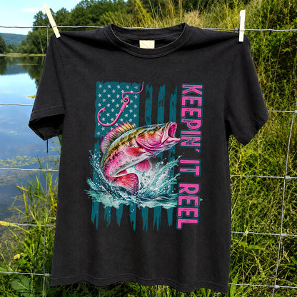 Keepin' It Reel Bass Fishing American Flag Graphic T-Shirt
