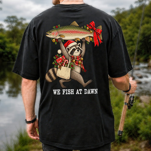 Christmas Raccoon Holding Rainbow Trout Fishing T-Shirt | Back Print