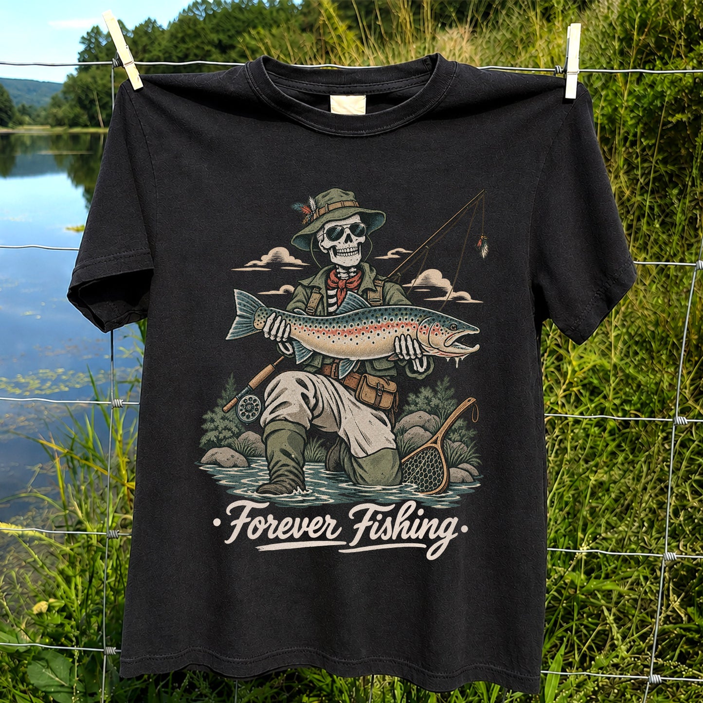 Forever Fishing Skeleton Angler with Rainbow Trout Graphic T-Shirt