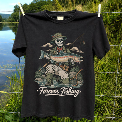 Forever Fishing Skeleton Angler with Rainbow Trout Graphic T-Shirt