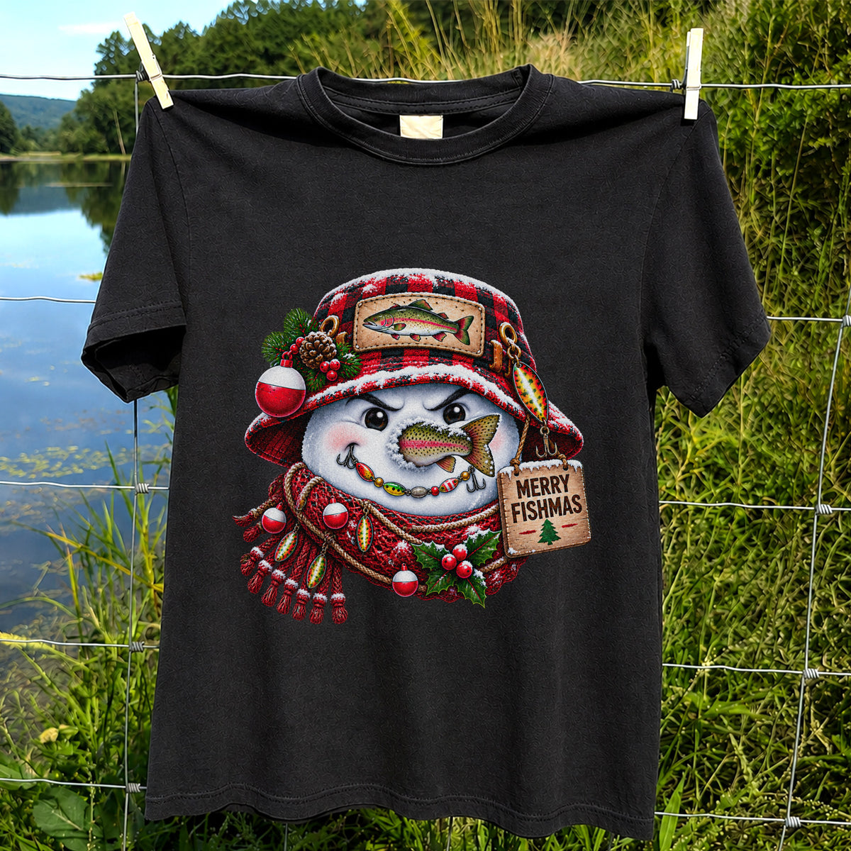 Merry Fishmas Snowman with Rainbow Trout Christmas Fishing T-Shirt