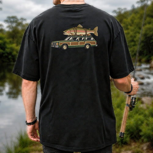 Vintage Station Wagon Carrying Rainbow Trout Fishing T-Shirt | Back Print