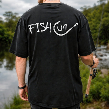 Fish On Fishing Hook Minimalist Graphic T-Shirt | Back Print