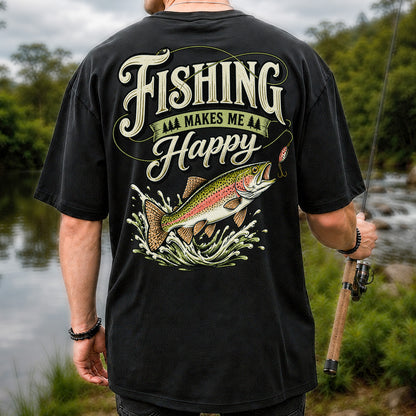Fishing Makes Me Happy Rainbow Trout Vintage Graphic T-Shirt | Back Print