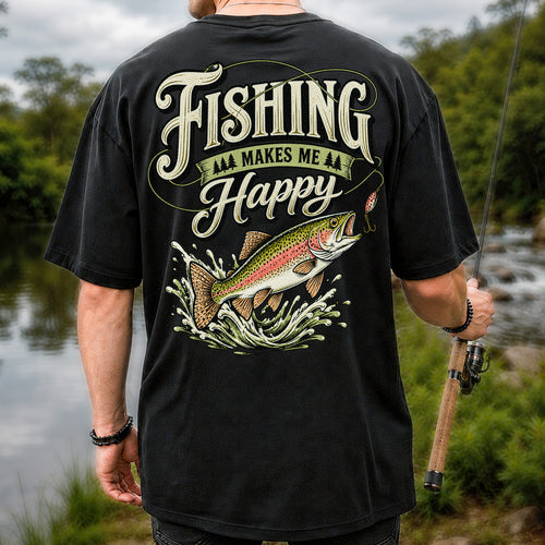 Fishing Makes Me Happy Rainbow Trout Vintage Graphic T-Shirt | Back Print