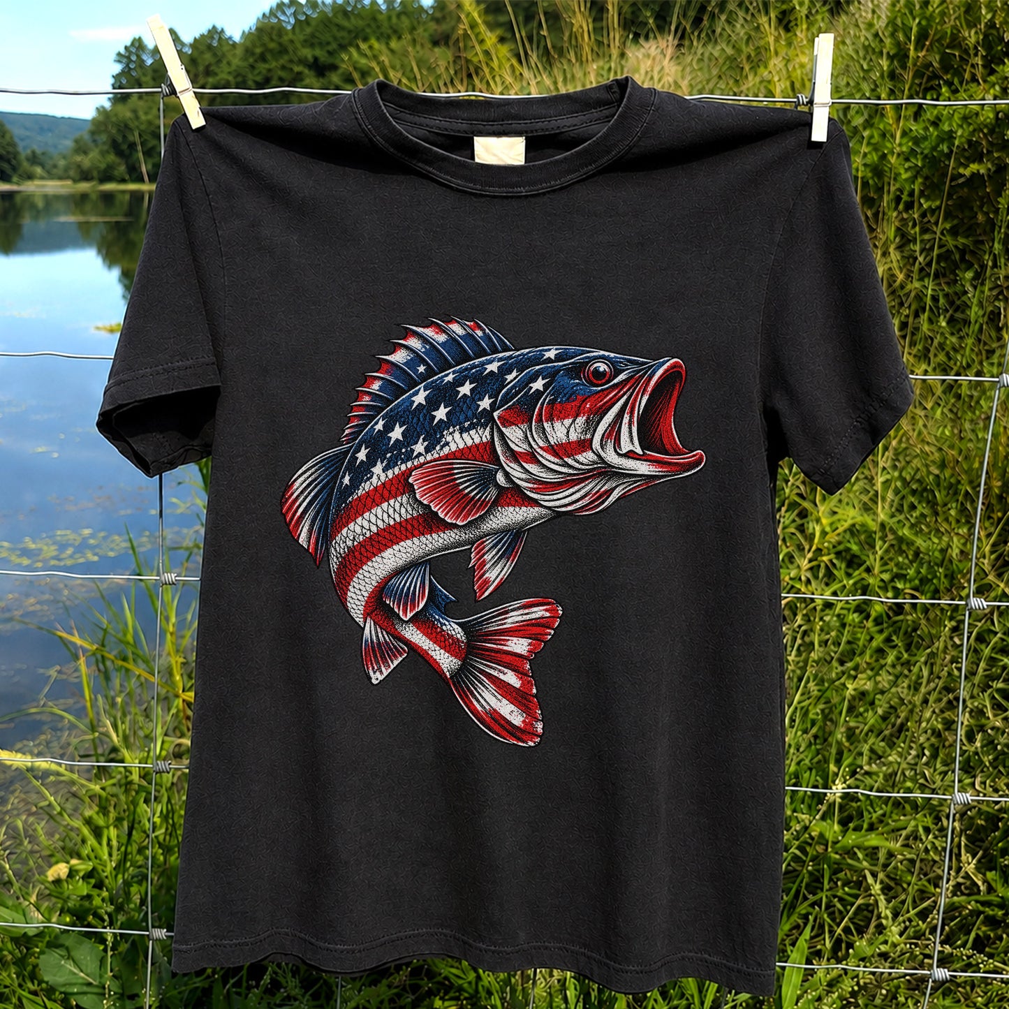 American Flag Largemouth Bass Patriotic Fishing Graphic T-Shirt