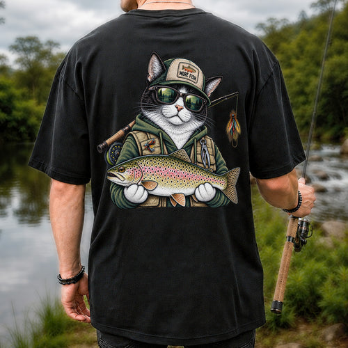 Cat Holding Rainbow Trout Fishing Graphic T-Shirt | Back Print