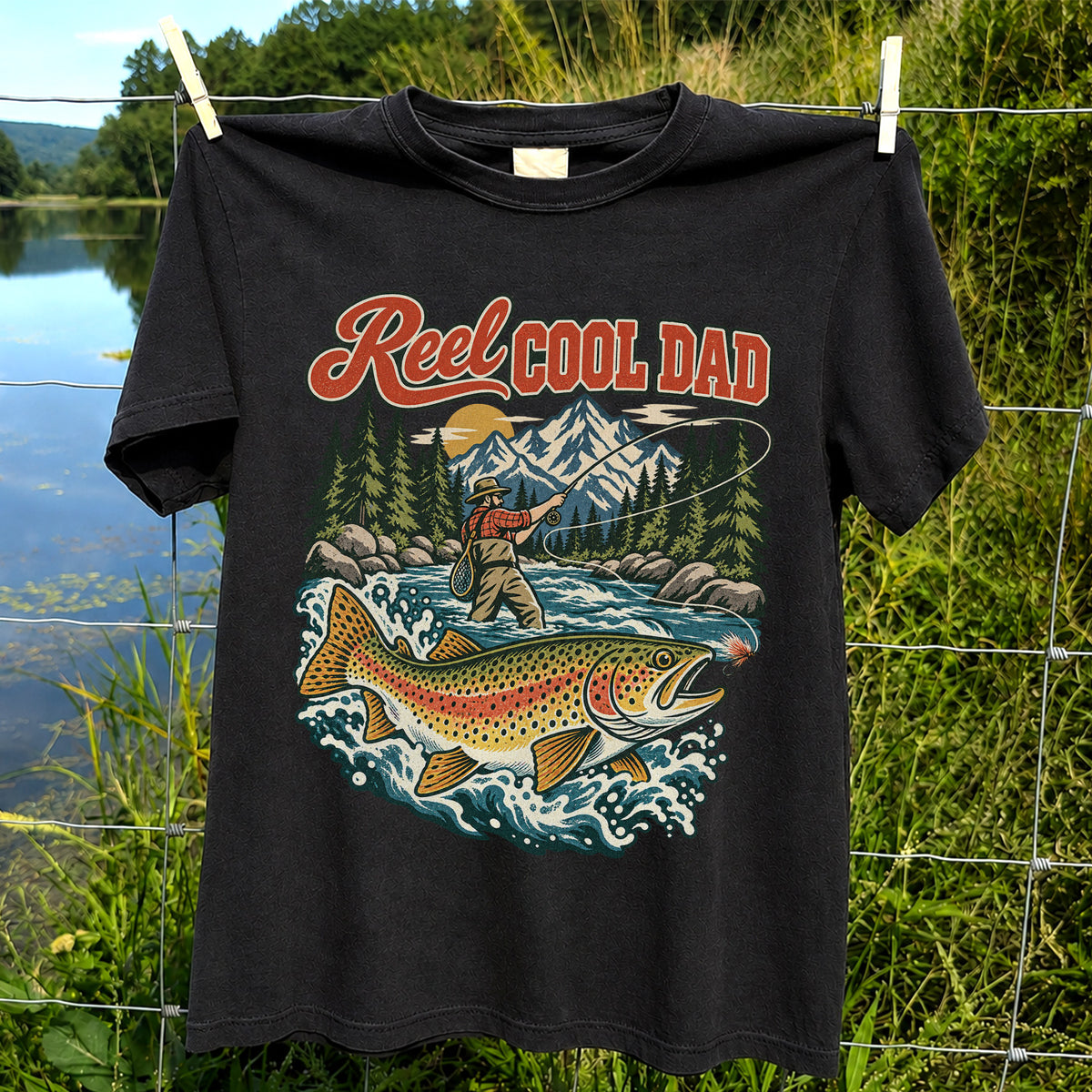 Reel Cool Dad Rainbow Trout Fly Fishing Graphic T-Shirt