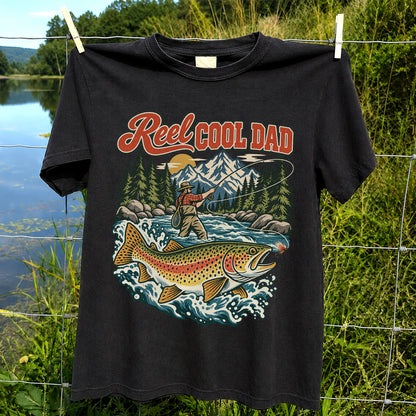 Reel Cool Dad Rainbow Trout Fly Fishing Graphic T-Shirt