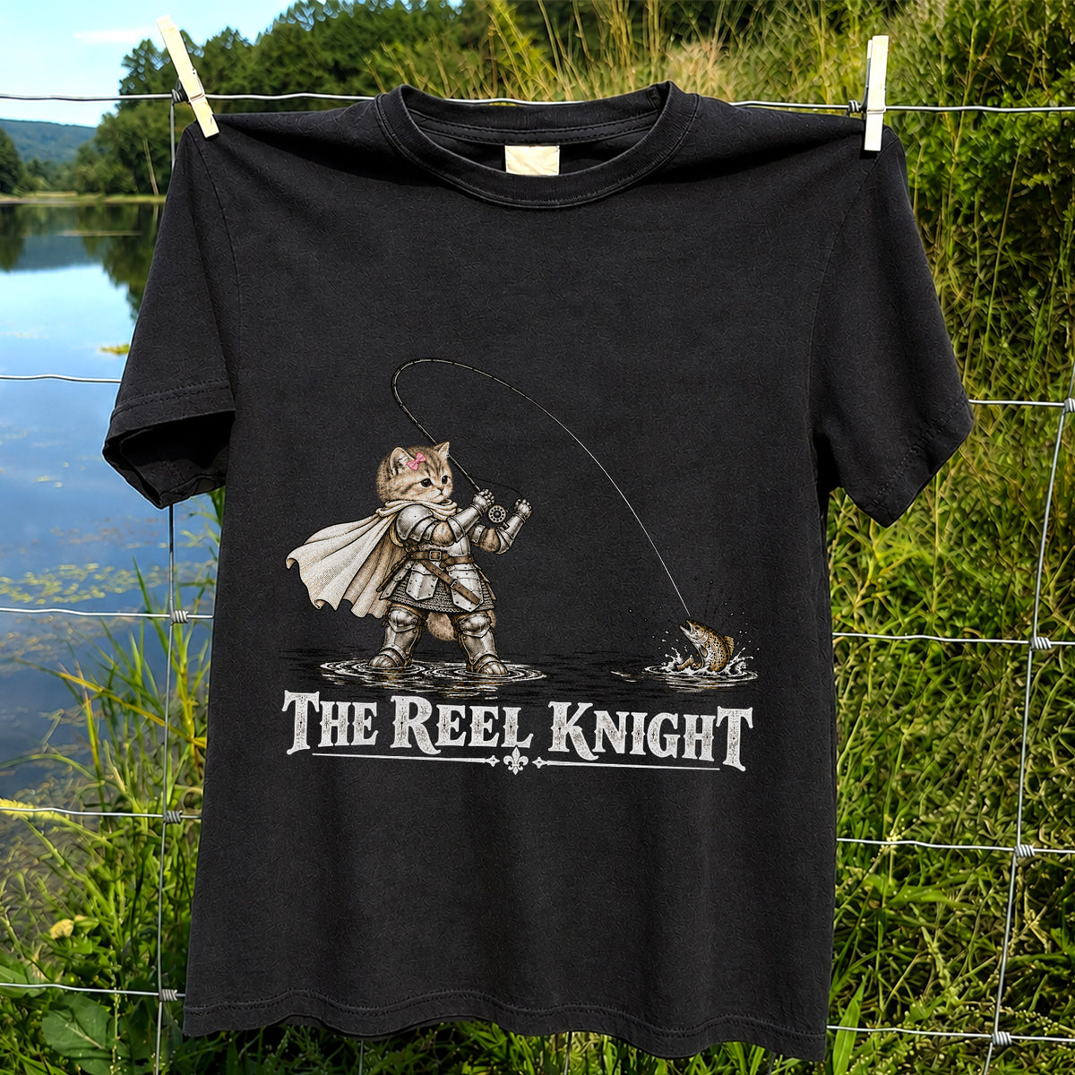 The Reel Knight Cat in Armor Funny Fishing Graphic T-Shirt