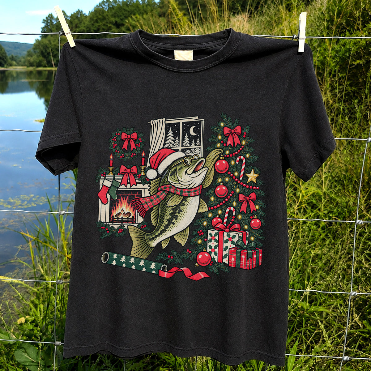 Christmas Bass Fishing Fireplace Tree Graphic T-Shirt