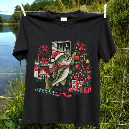 Christmas Bass Fishing Fireplace Tree Graphic T-Shirt