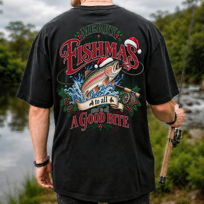 Merry Fishmas to All and to All a Good Bite Rainbow Trout T-Shirt | Back Print