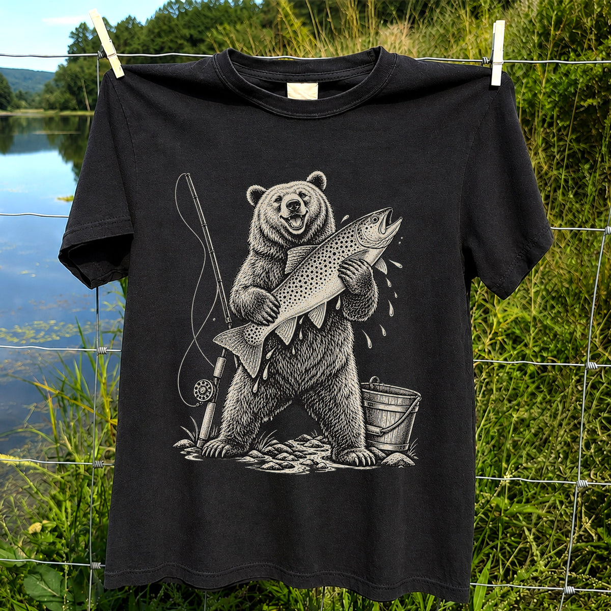 Bear Holding Trout Fishing Graphic T-Shirt