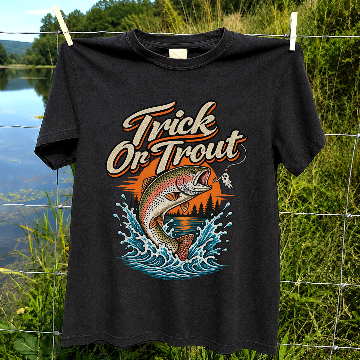 Trick or Trout Rainbow Trout Halloween Fishing T-Shirt