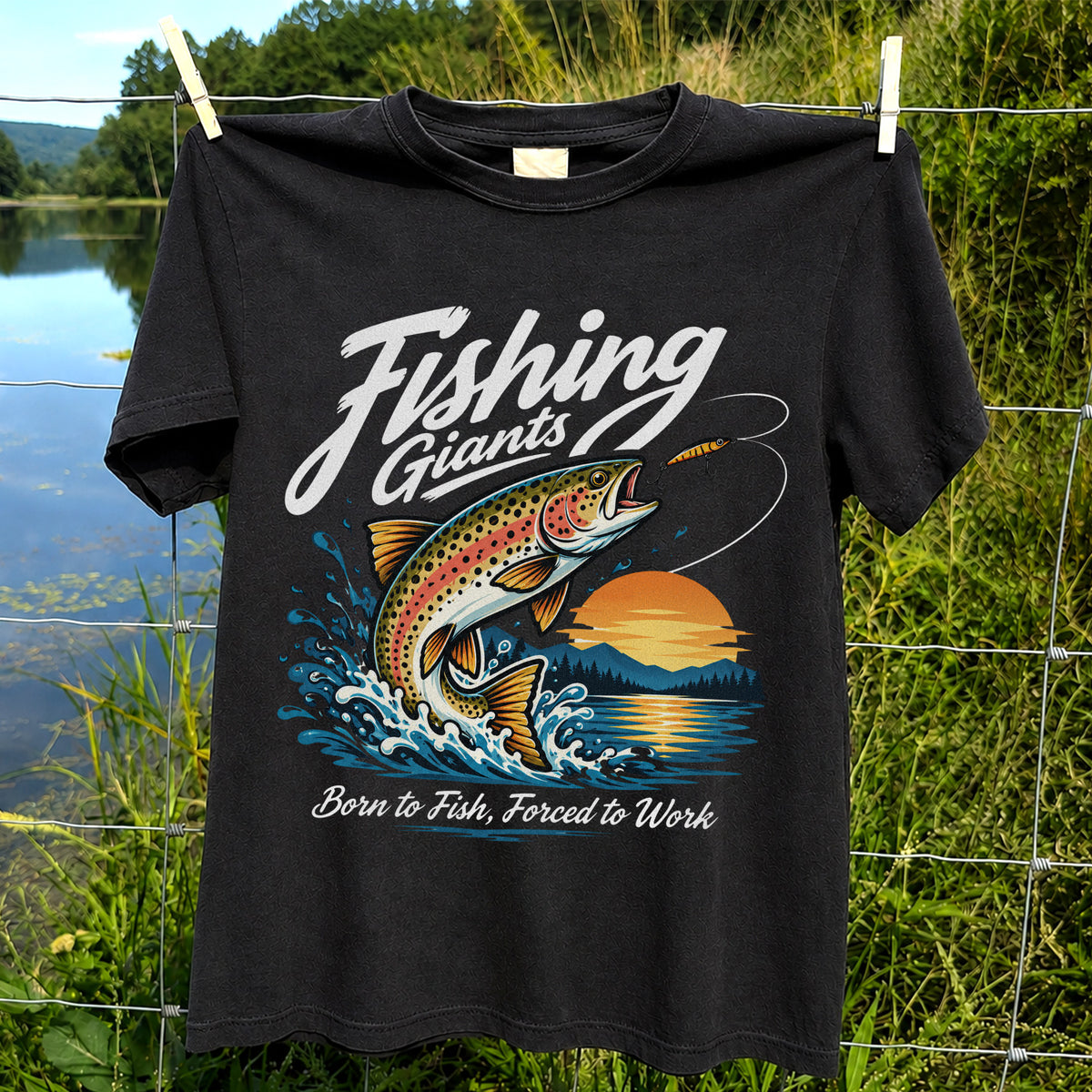 Fishing Giants Born to Fish Forced to Work Rainbow Trout T-Shirt
