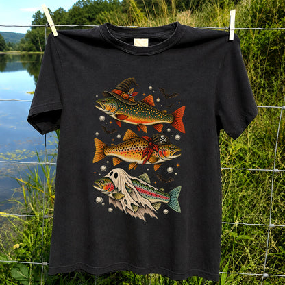 Halloween Trout Trio Witch Pirate and Ghost Fishing T-Shirt