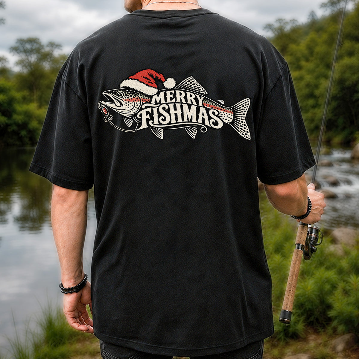 Merry Fishmas Rainbow Trout with Red Santa Hat and Lure Fishing T-Shirt | Back Print
