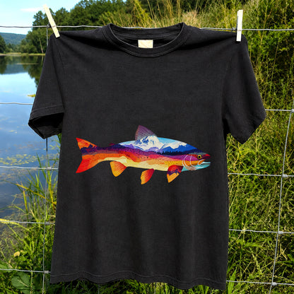 Mountain Sunset Trout Silhouette Fishing Graphic T-Shirt