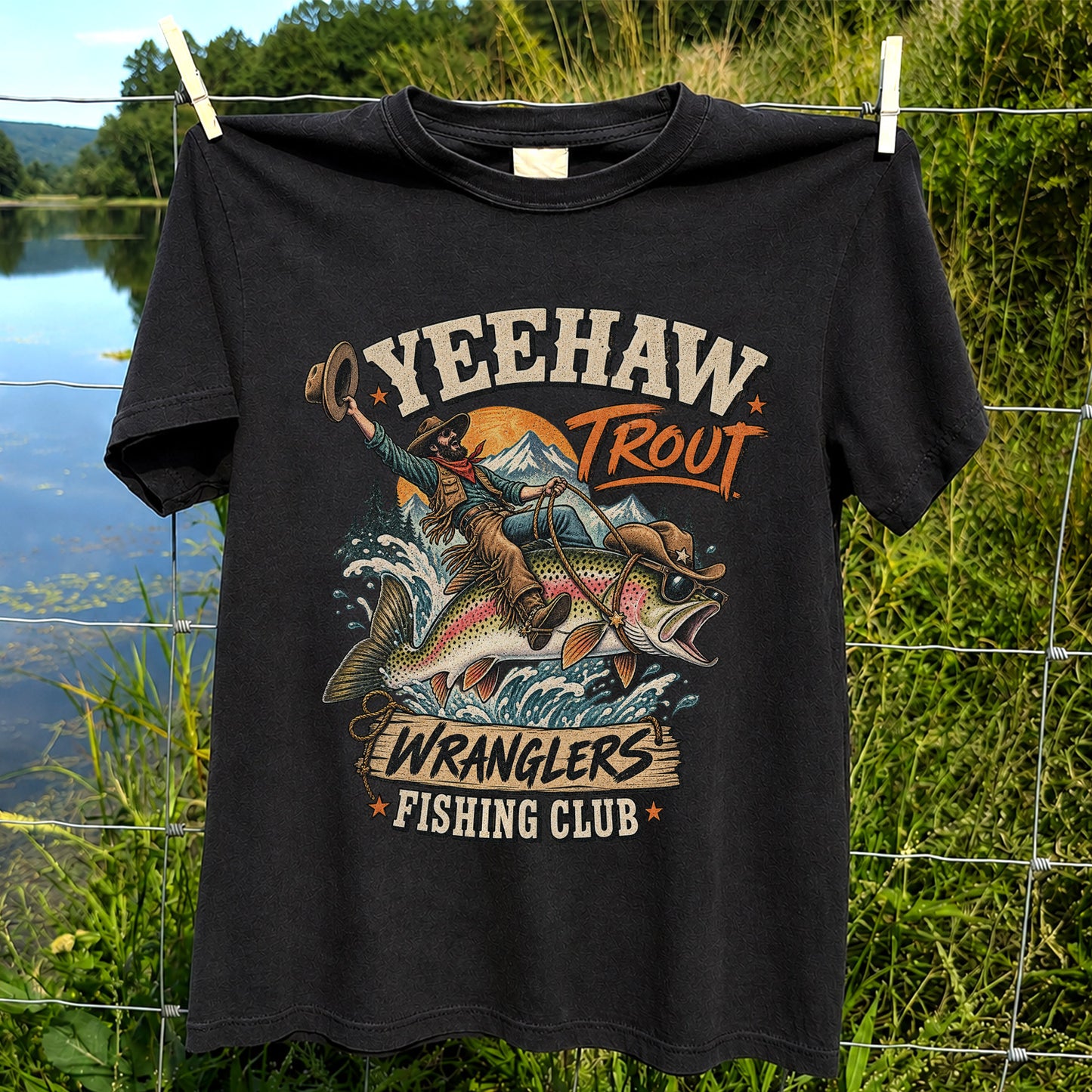 Yeehaw Trout Wranglers Fishing Club Cowboy Graphic T-Shirt