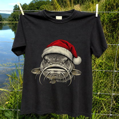 Christmas Catfish Santa Hat Holiday Fishing Graphic T-Shirt