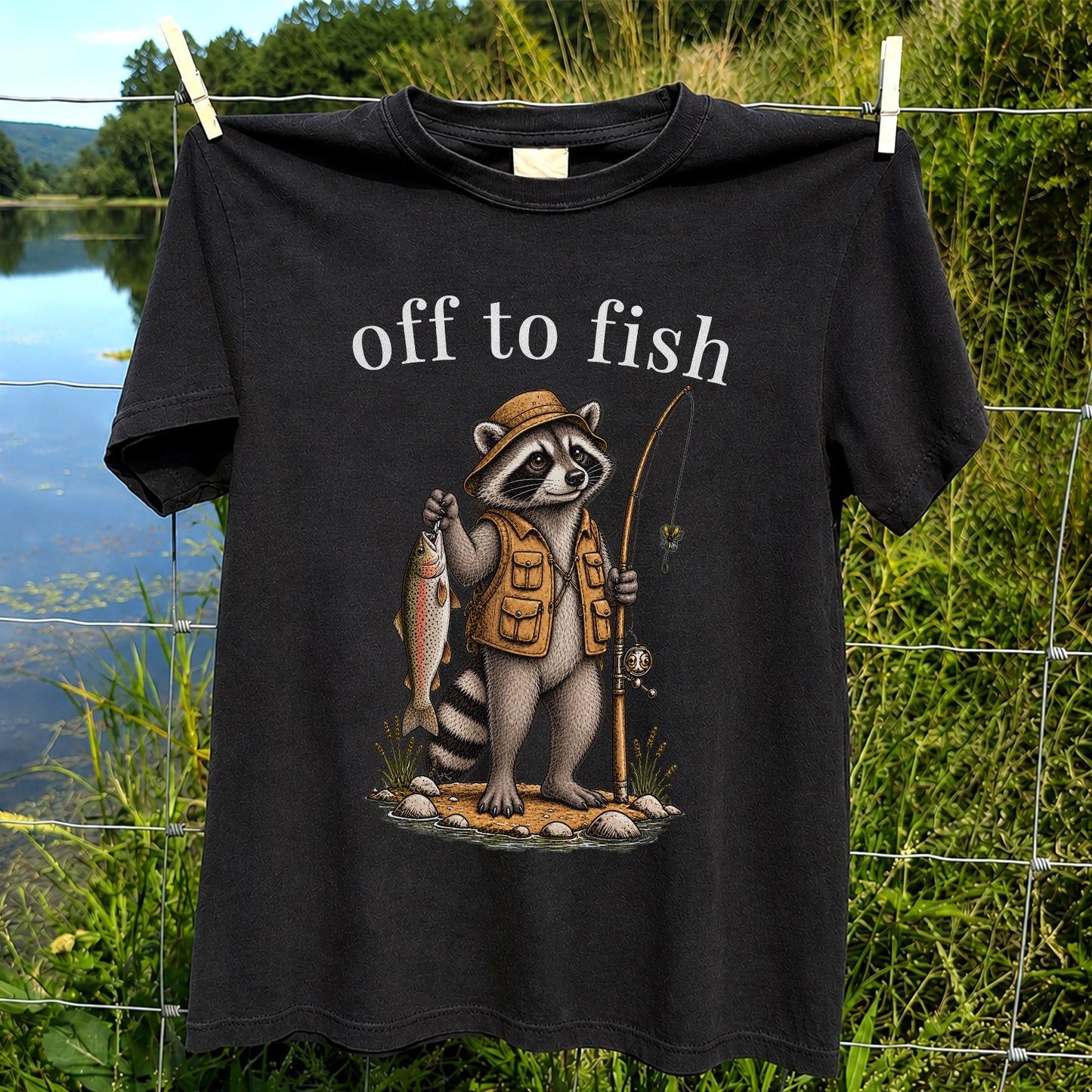 Off to Fish Raccoon Angler Funny Fishing T-Shirt