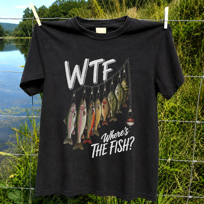 WTF Where's the Fish Trout and Bass Stringer Funny Fishing T-Shirt