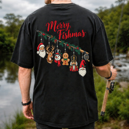 Christmas Fishing Rod Ornaments Holiday Graphic T-Shirt | Back Print