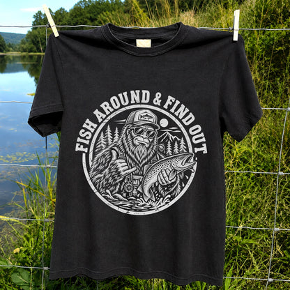 Fish Around & Find Out Bigfoot Trout Fishing Graphic T-Shirt