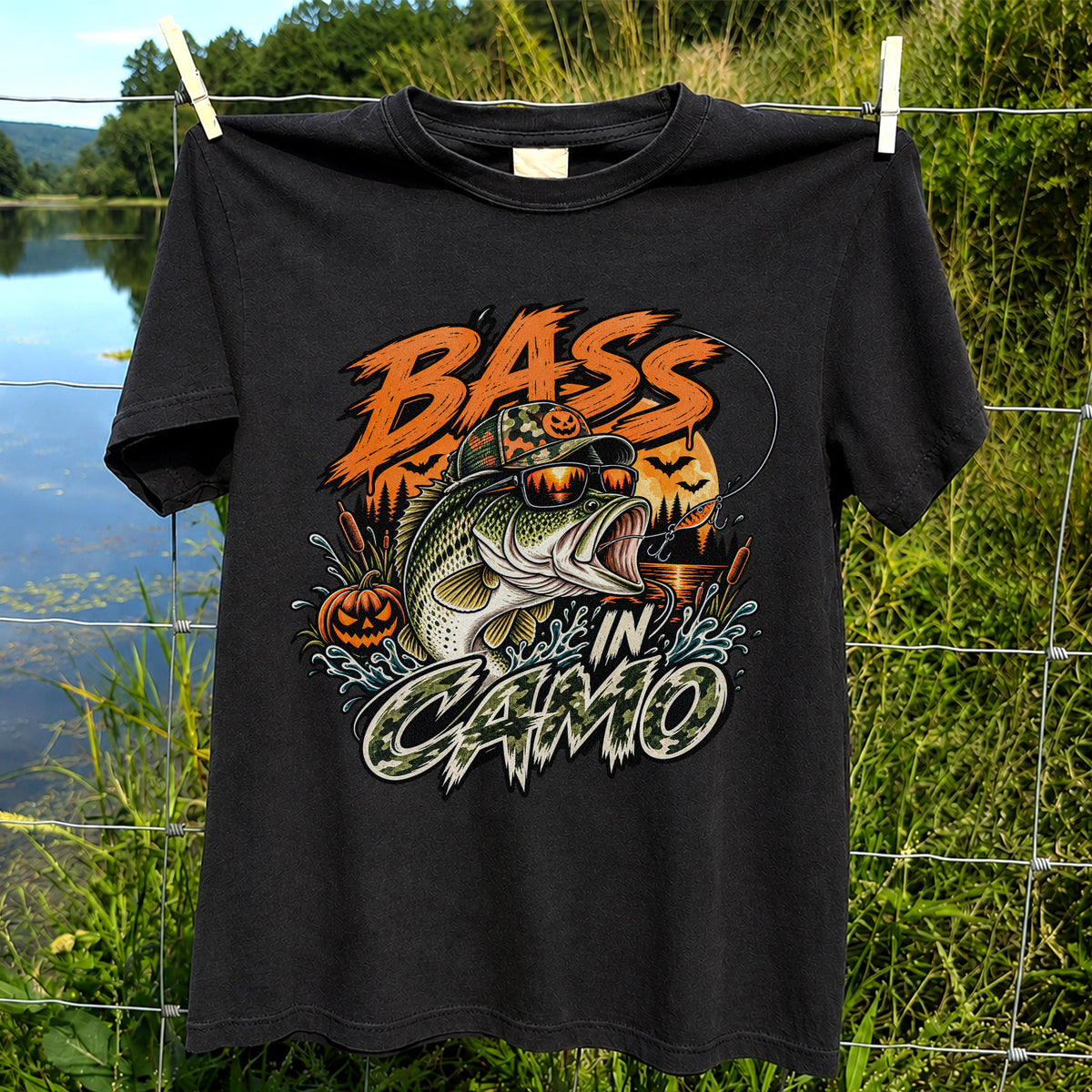 Bass in Camo Halloween Pumpkin Bass Fishing Graphic T-Shirt
