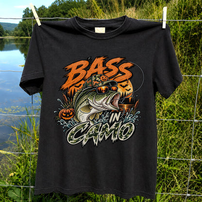 Bass in Camo Halloween Pumpkin Bass Fishing Graphic T-Shirt