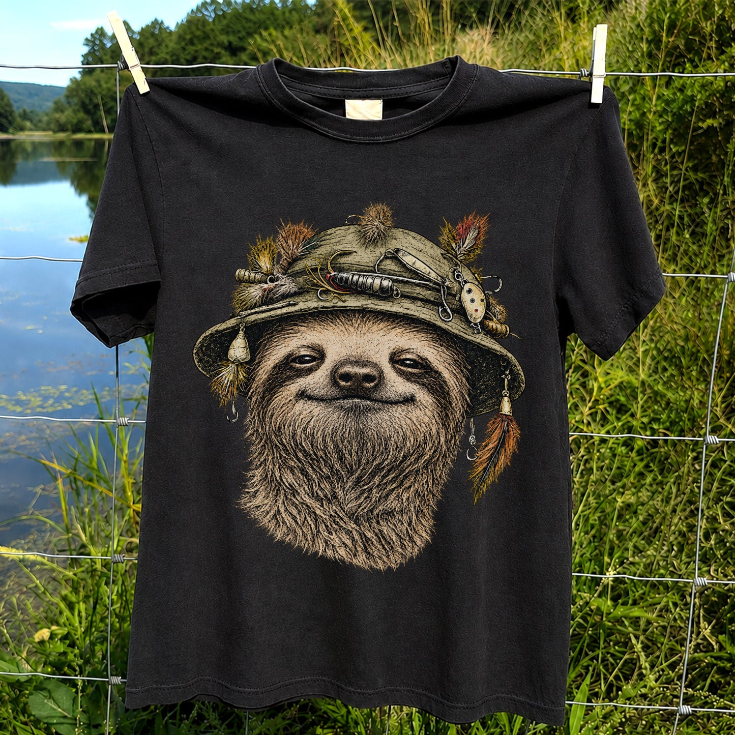 Sloth Wearing a Fishing Lure Hat Hand-Drawn Graphic T-Shirt