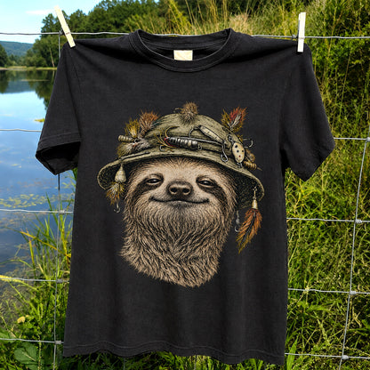 Sloth Wearing a Fishing Lure Hat Hand-Drawn Graphic T-Shirt