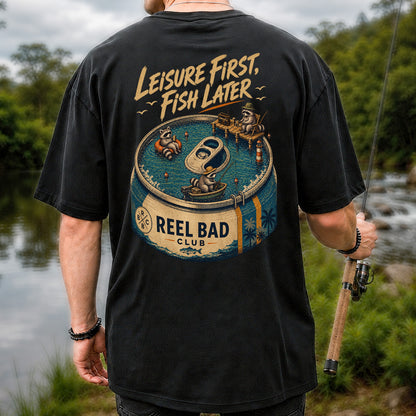 Raccoon Fishing Can Leisure Graphic T-Shirt | Back Print