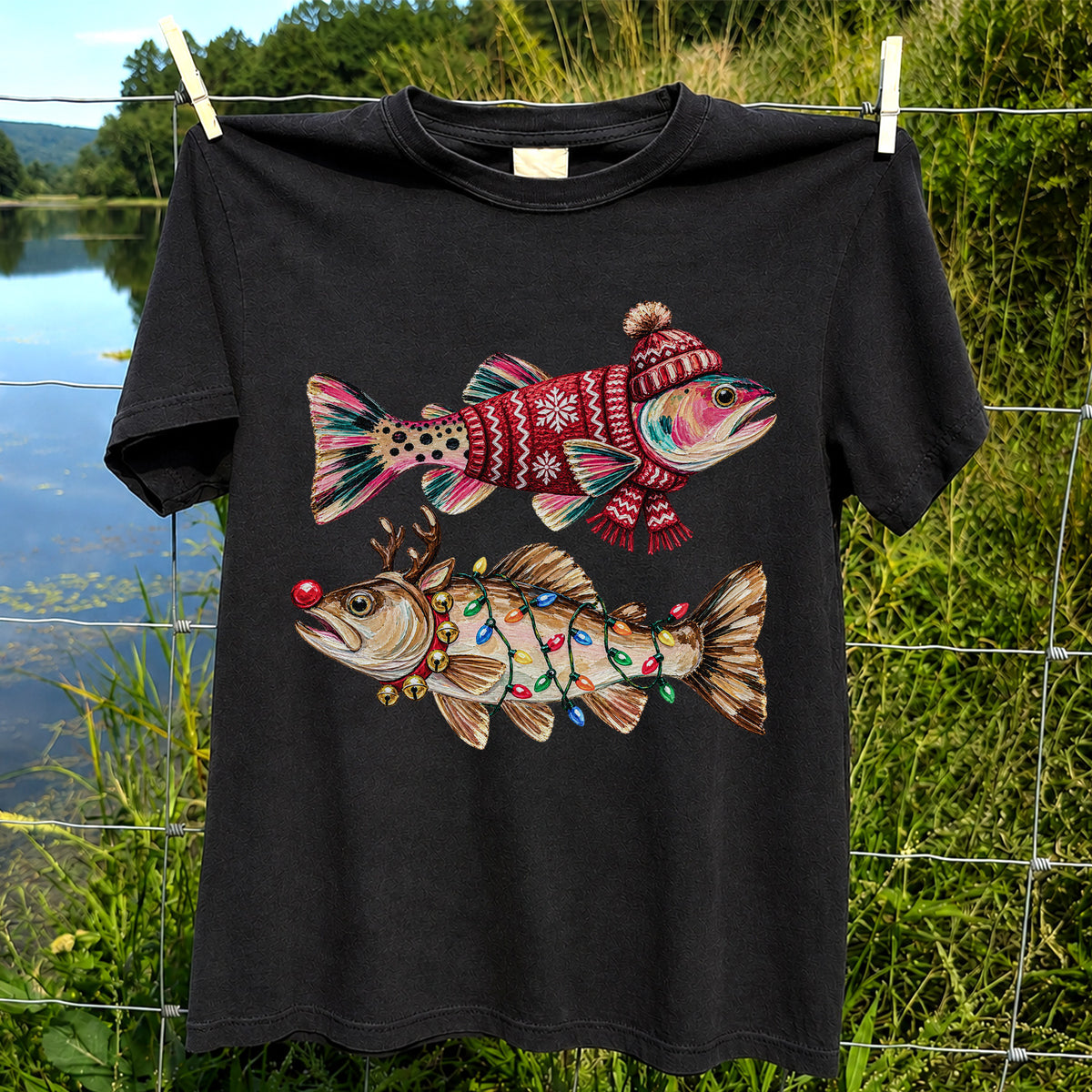 Festive Christmas Fish with Lights Fishing Graphic T-Shirt