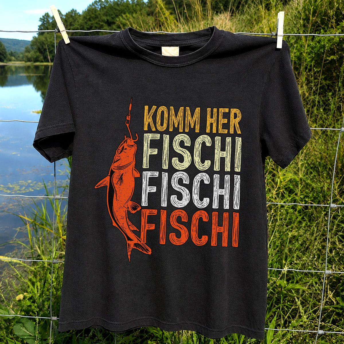 Komm Her Fischi Fischi Funny Catfish Fishing Graphic T-Shirt