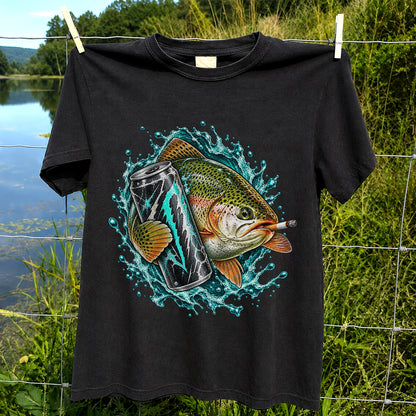 Rainbow Trout with Cigarette and Energy Drink Fishing T-Shirt